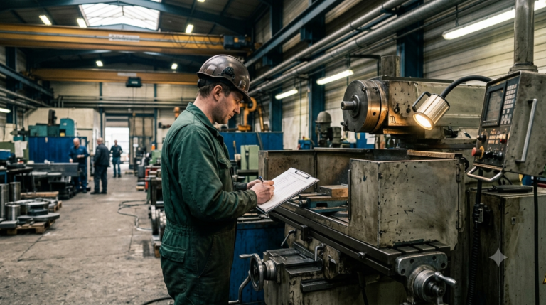 Technicien intervenant sur une machine à l'arrêt lors d'une maintenance préventive planifiée, checklist à la main