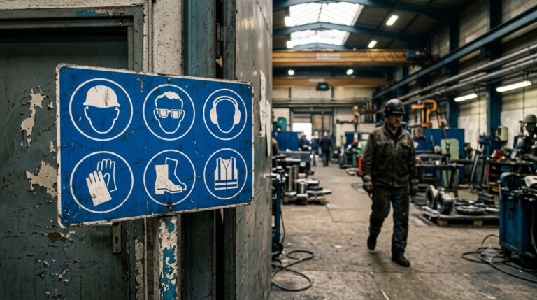 Panneau bleu d'obligation de port des EPI (casque, lunettes, chaussures de sécurité) affiché à l'entrée d'une zone de production