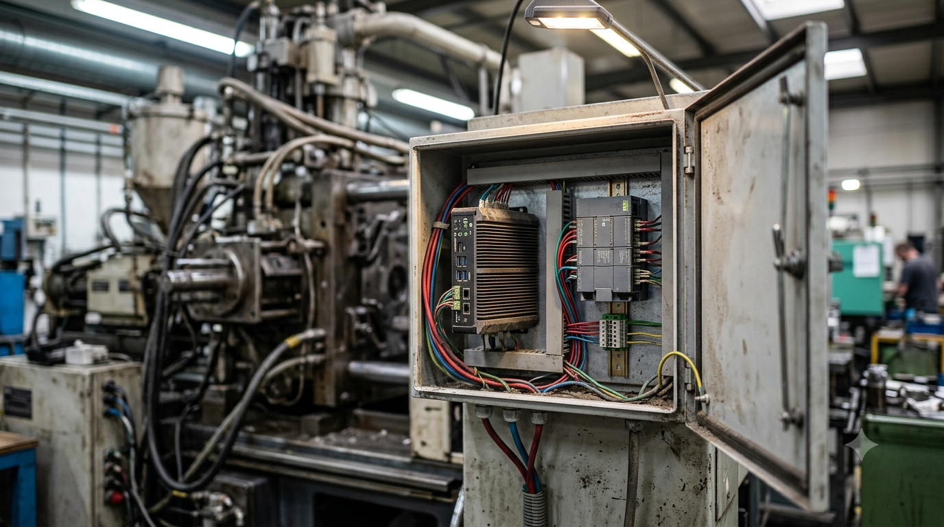 Ordinateur industriel compact fixé sur rail dans une armoire électrique, à côté d'un automate, en environnement d'atelier