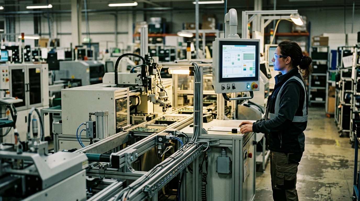 Ligne de production instrumentée de capteurs reliés à un écran de supervision, illustration d'une usine connectée
