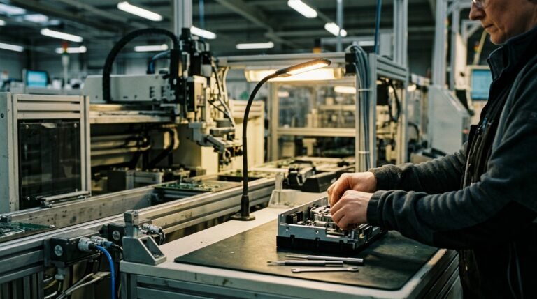 Opératrice réalisant des gestes répétitifs sur une ligne de production, situation de travail à risque de troubles musculosquelettiques