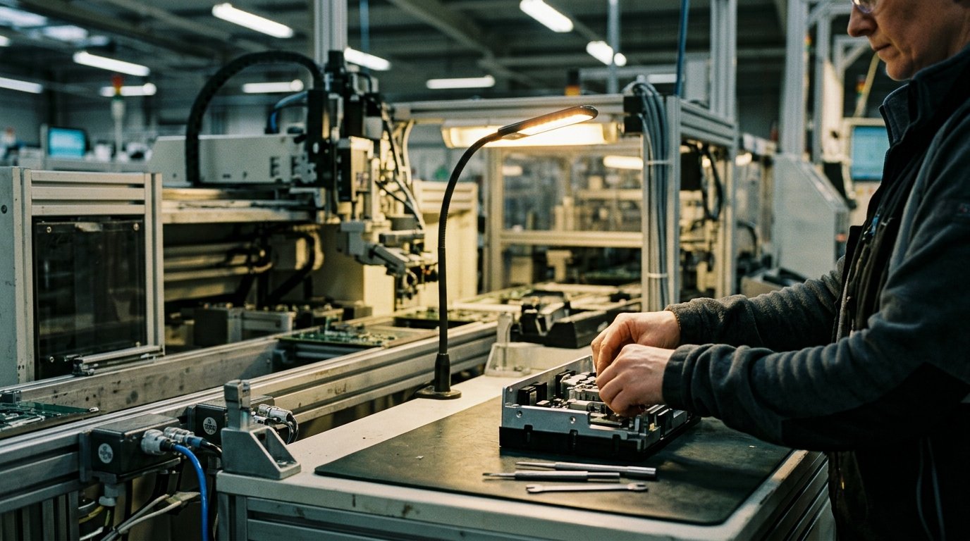 Opératrice réalisant des gestes répétitifs sur une ligne de production, situation de travail à risque de troubles musculosquelettiques